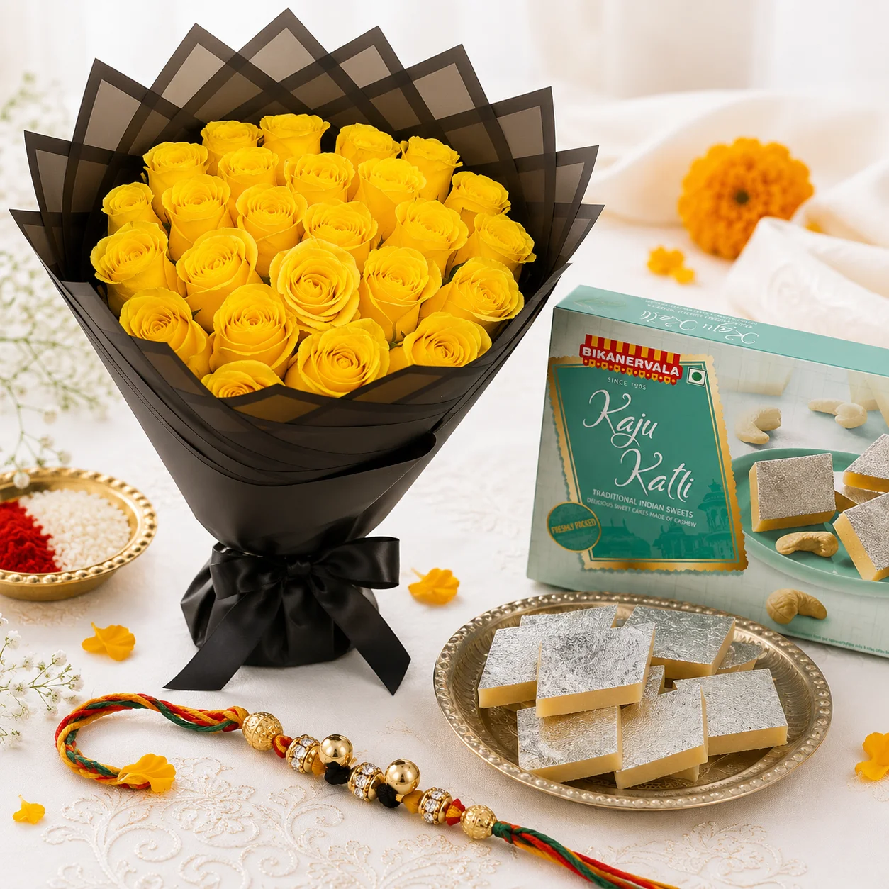 Kaju Katli and Bead Rakhi Gift Hamper featuring vibrant yellow roses